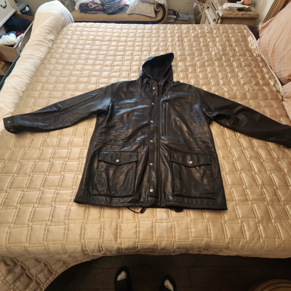 Black leather Polo 3/4 length large men's coat